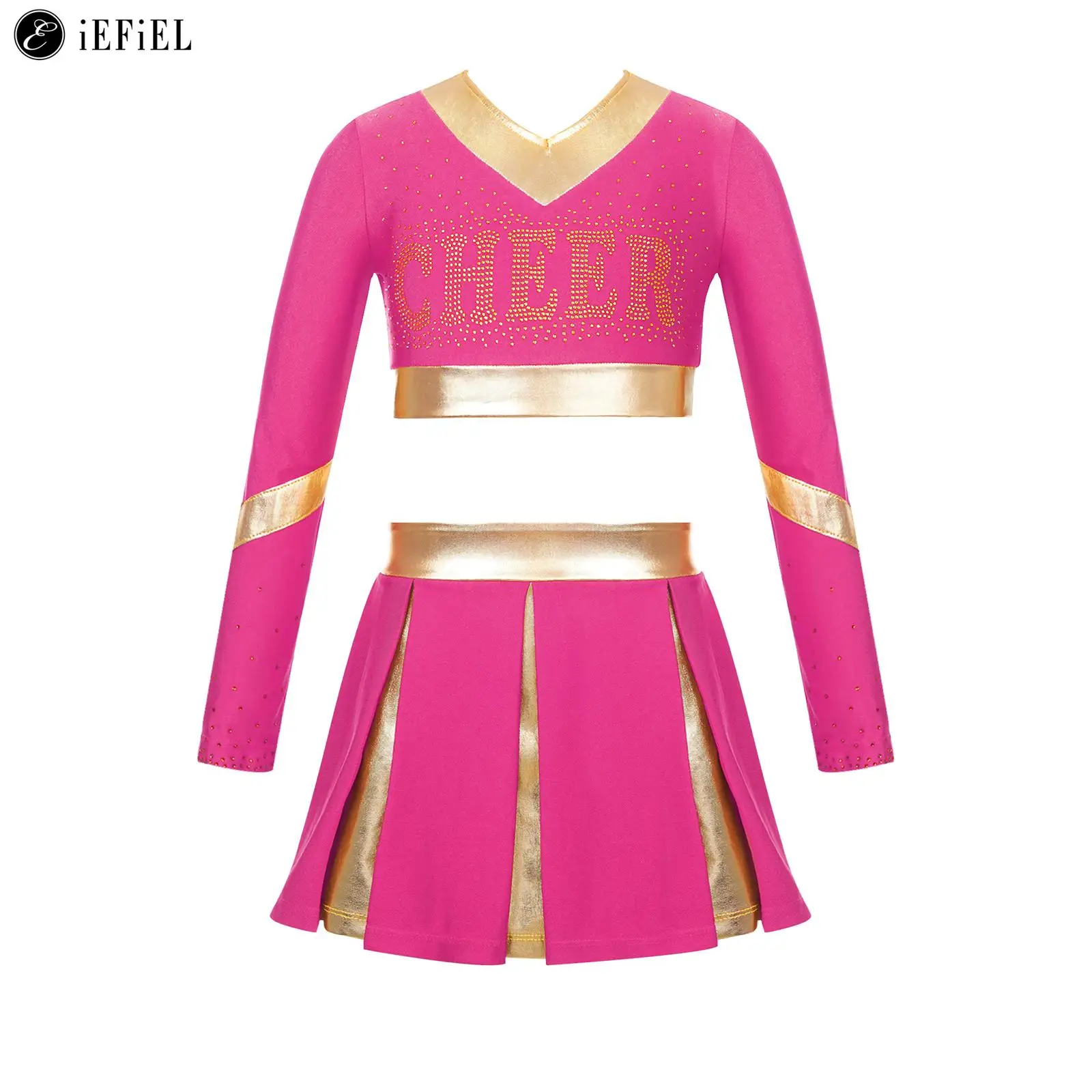 Girls Cheerleading Costume 2 Piece Long Sleeve Crop Top with Pleated Skirt for Kids Halloween Cheer Leader Cosplay Dress Up