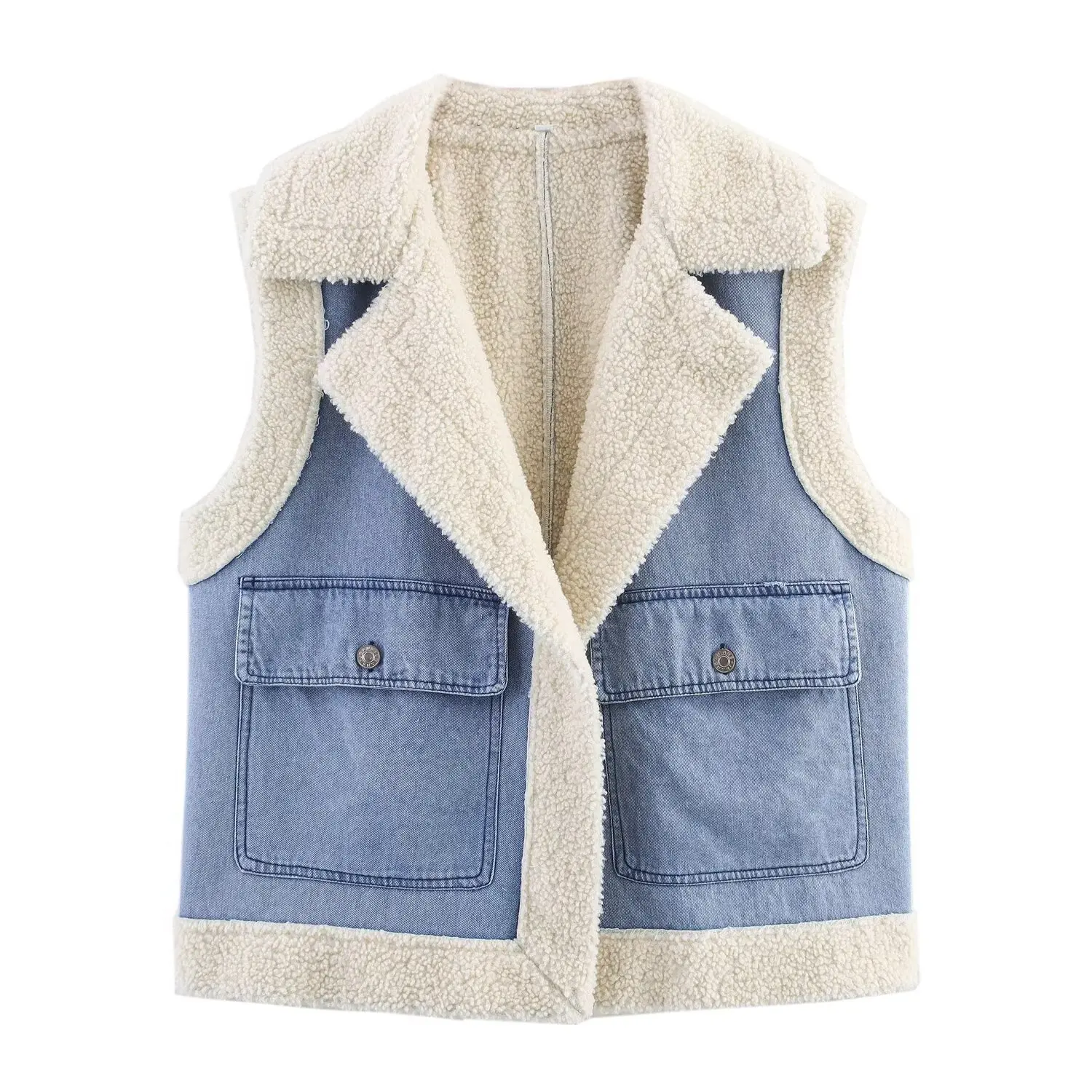 

Women Sleeveless Thicken Double Faced Cotton Vest Lambwool Plush Waistcoat Jackets Denim Fabric Patchwork Fur Vests Female