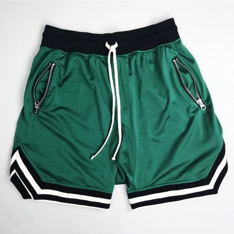 Men's zippered pocket drawstring shorts, sportswear, breathable, quick drying, comfortable, loose fitting color matching shorts,