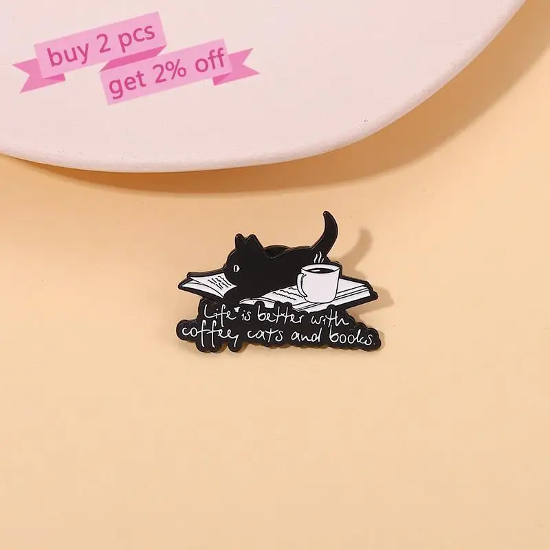 Pins Custom Life is Better with Cat Coffee Book Brooch Lapel Badges Animal Jewelry Gift for Kids Friends Dream Life Enamel