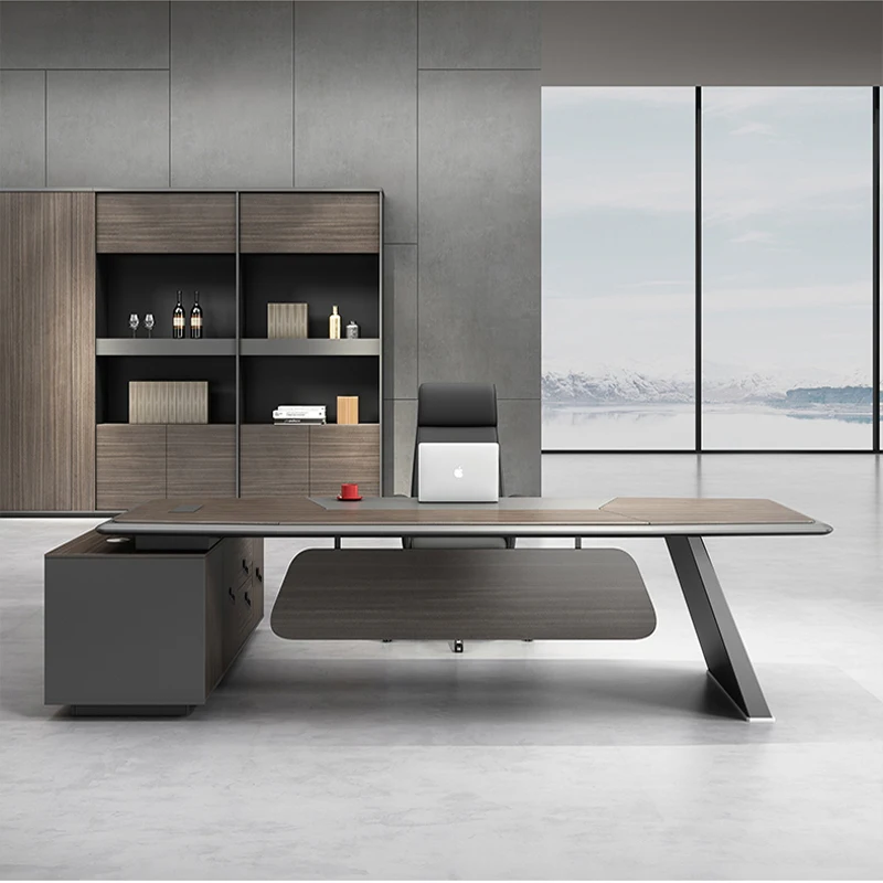 high-end minimalist modern desk CEO-led director Large L-shaped room manager Gold white and orange minimalist