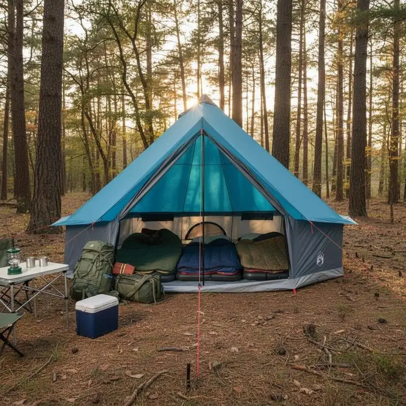 Tente familiale Tipi bleue pour 6 personnes, imperméable, abri de camping extérieur avec tente intérieure en maille et bâche de sol