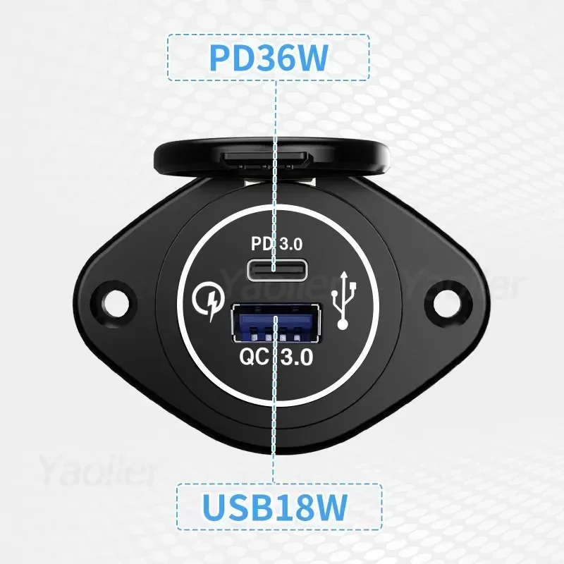 12V RV PD QC3.0 USB Outlet Panel USB C 36W & QC3.0 18W Port Car Charger Socket Fast Charging for Car Bus Truck Boat Camper ATV