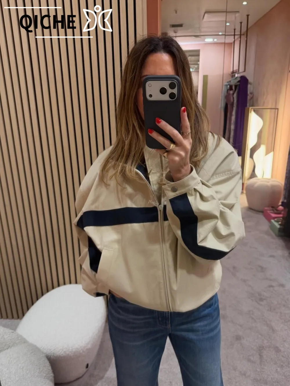 QICHE 2026 New European Style Zip Jacket For Women, Khaki Stand Collar With Color Block Splicing Design Outer Coat