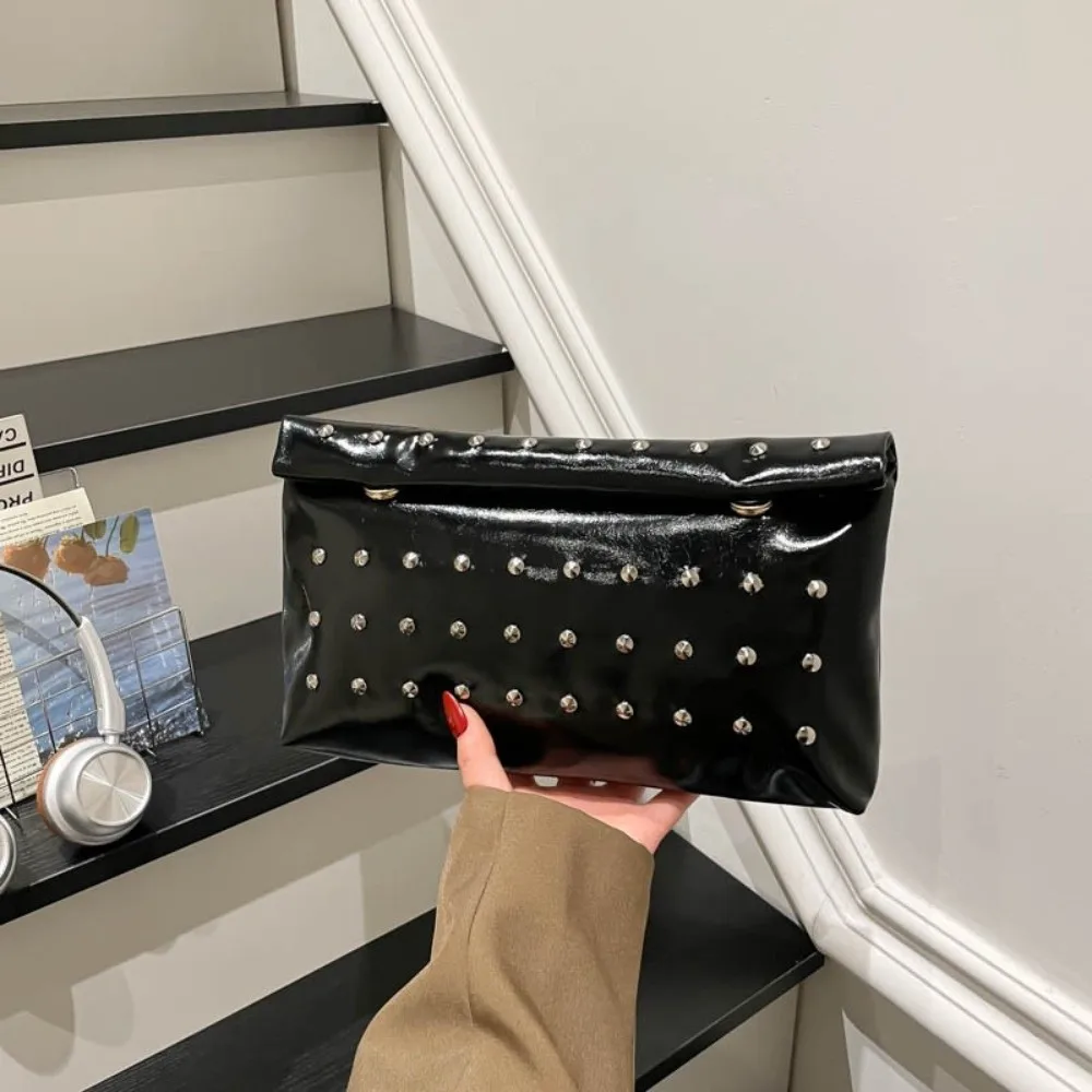 Rivet Envelope Clutch Bag Solid Color Large Capacity Evening Handbag Metallic Sheen Leather Clutch Purse for Evening Party