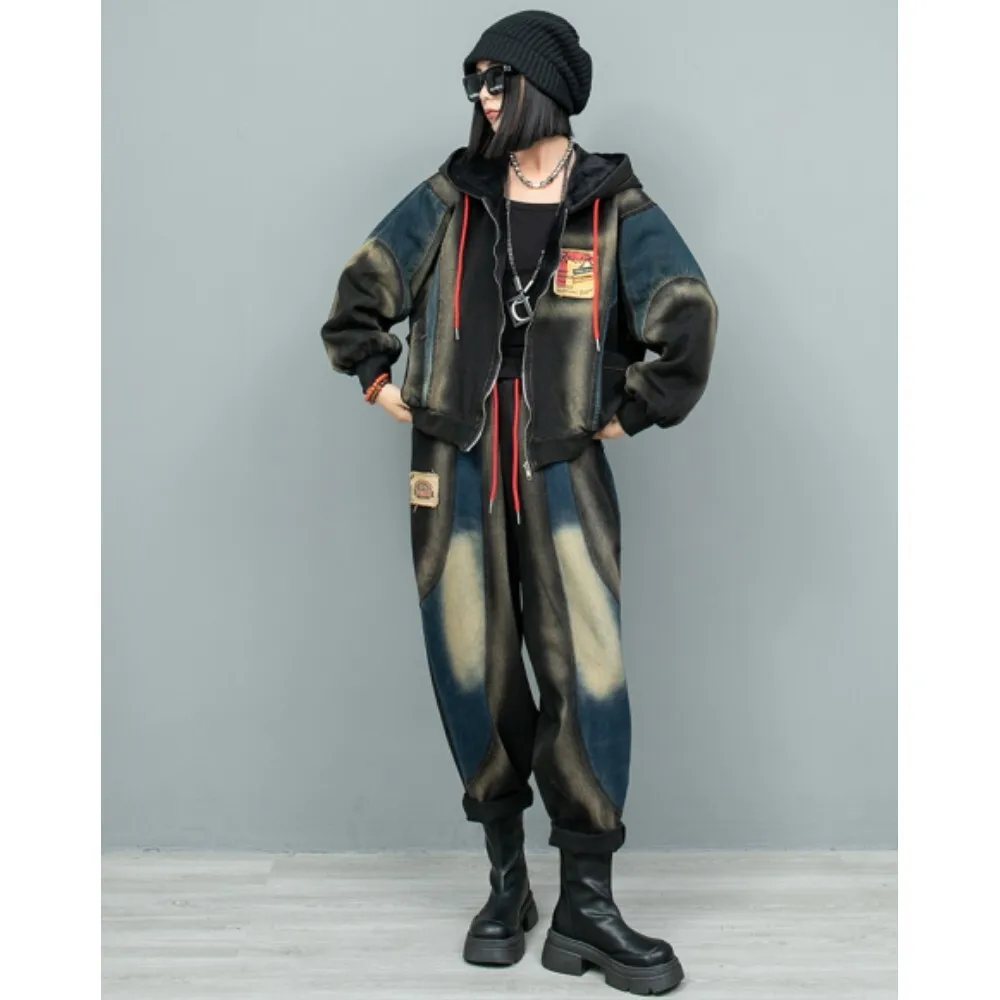 Personalized Fashion Pant Set Women 2024 Autumn Winter Fleece Hooded Denim Jacket + Harem Pants Two Piece Set LX2392