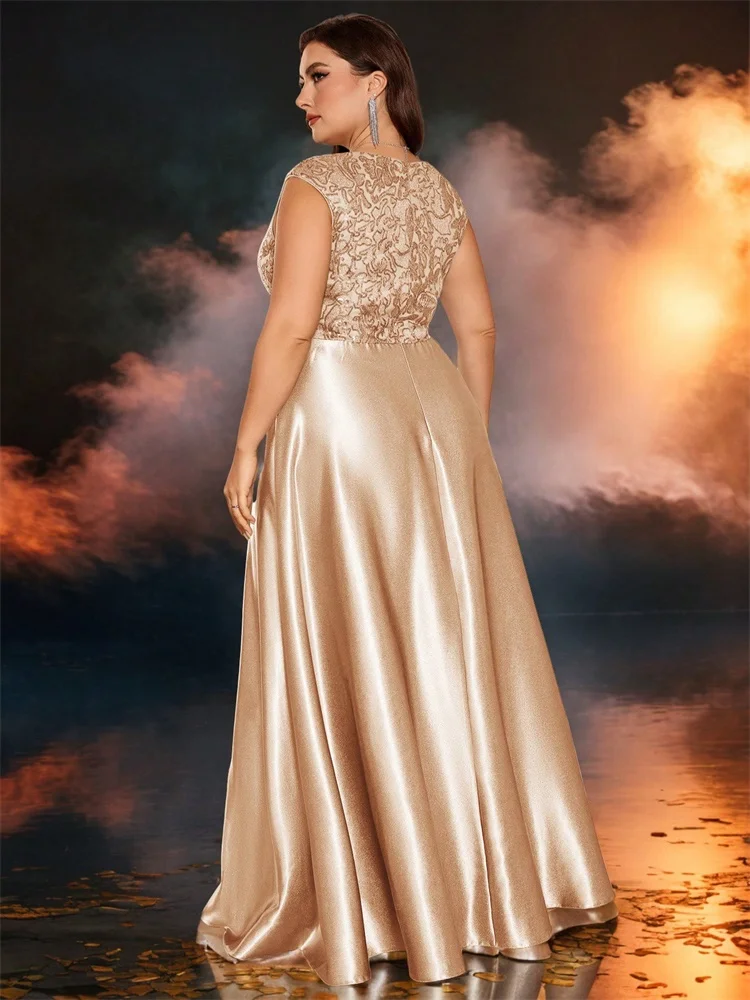 Lucyinlove Plus Size Luxury Gold Satin V-Neck Evening Dress Women Sequin Wedding Party Prom Floor Lenght Cocktail Dress Gowns