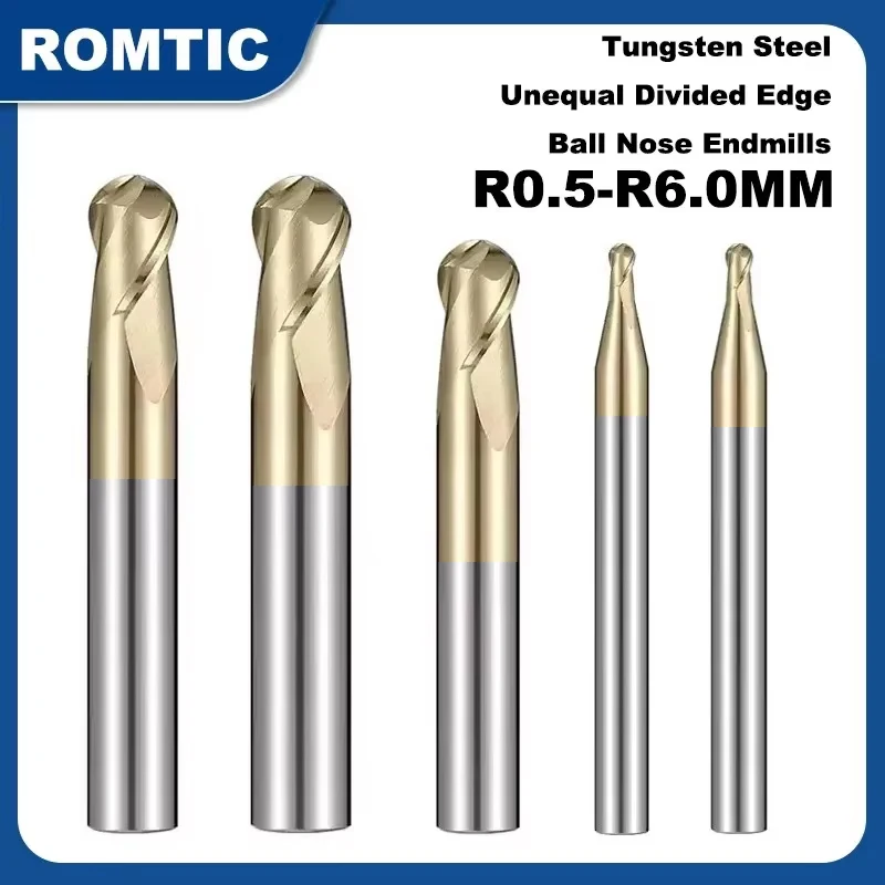 ROMTIC 2-Flute Tungsten Steel Carbide Milling Cutter Titanium Alloy Unequal Divided Edge Ball Nose Endmills CNC Machining Center