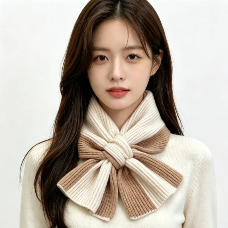 Scarf Women Autumn Winter Warm Color Matching Knitted Cross Wool Student Scarf Simple Ins Neck Wrap