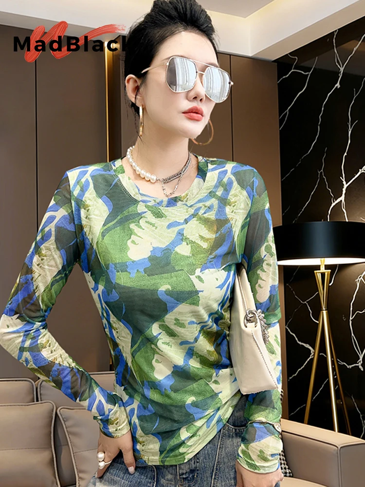 MadBlack-Women's European T-Shirt, Sexy O Neck Geometry Print, Fashion Long Sleeve Slim S-3XL Mesh Tee, 2026 Summer New T63972CC