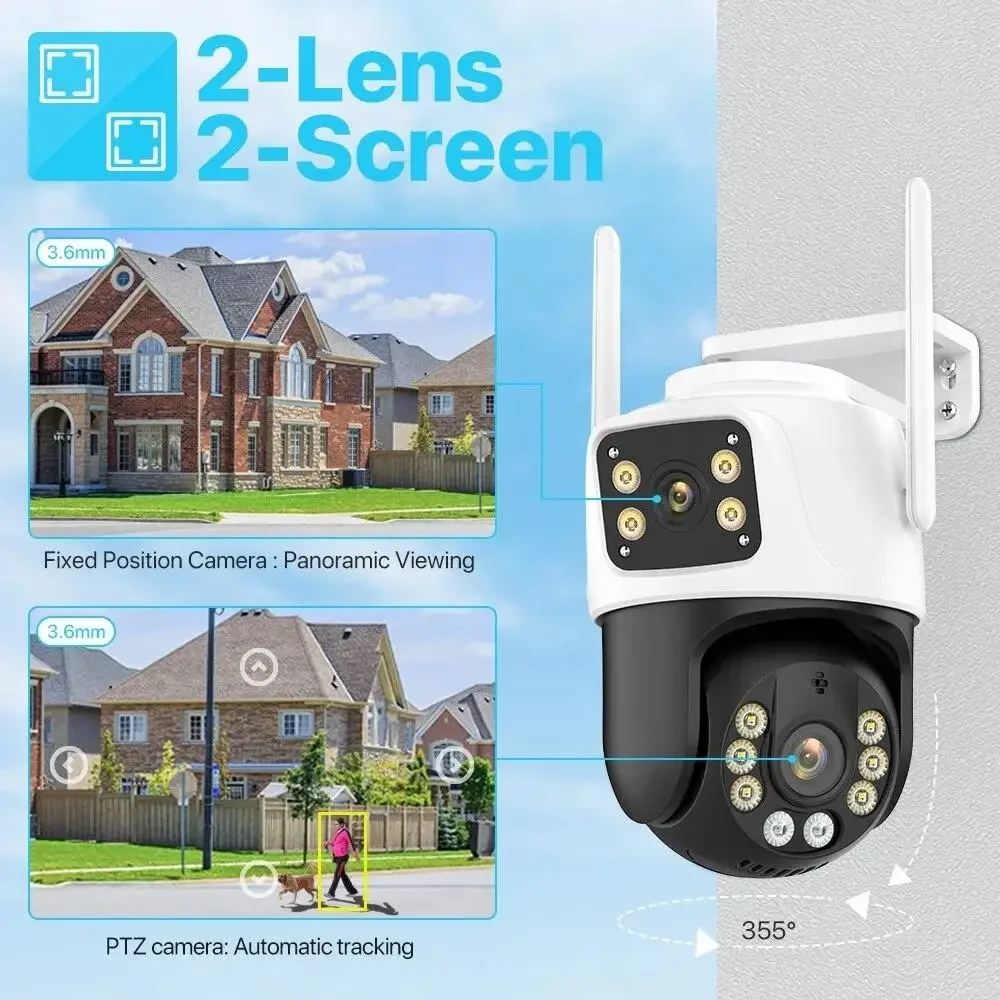 4K 8MP Dual Lens WiFi Outdoor Security PTZ IP Camera Dual Screen 355 Pan 90 Tilt Full Color Night Vision Two Way Audio ICsee App