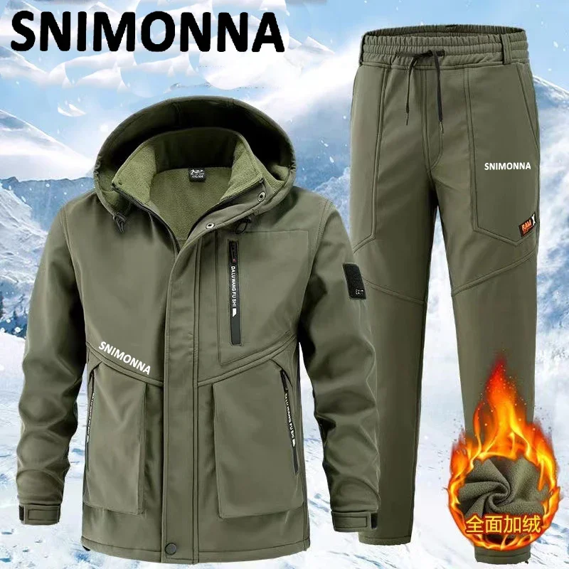 Men Winter Plus Velvet Thicken Fishing Suits, Outdoor Windproof Warm Hooded Jacket, Waterproof Tactical Pants, Ski Clothes