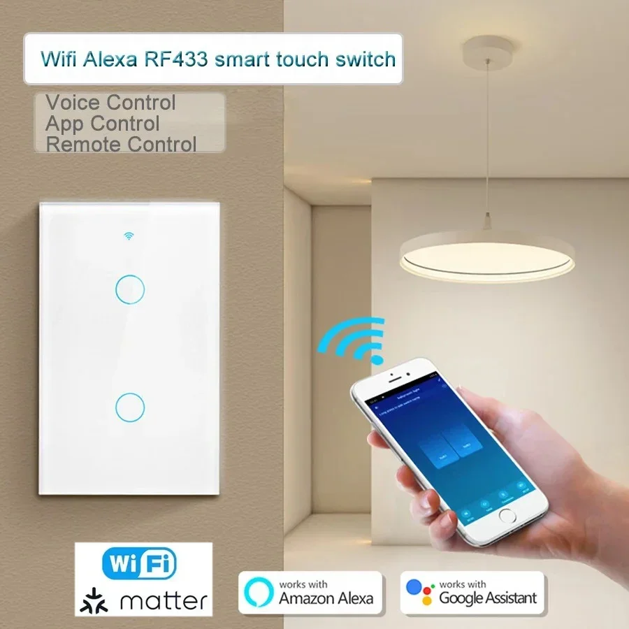 Matter WiFi Smart Switch Neutral Wire/No Neutral Wire 1/2/3 Gang Touch Wall Light Switch Work with Homekit Alexa Google Home