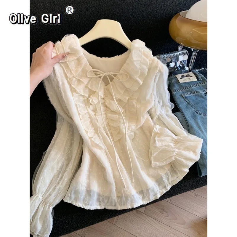 

Olivegirl Lotus Leaf Edge Hollowed Out Lace Up V-neck Flared Sleeve Shirt Women Blouse Chiffon 2026 Elegant High-end Sweet Top