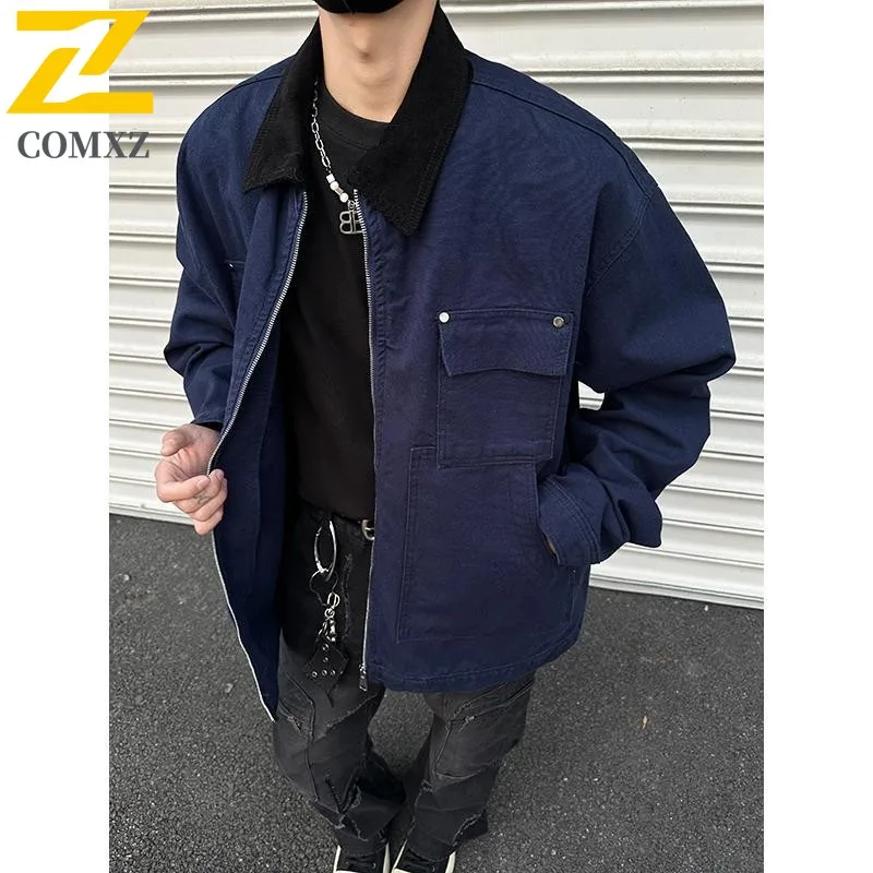 COMXZ Washed Denim Jacket Y2K American Zipper Stitching Flanging Design Streetwear Korean High Street Oversized Men Windbreaker