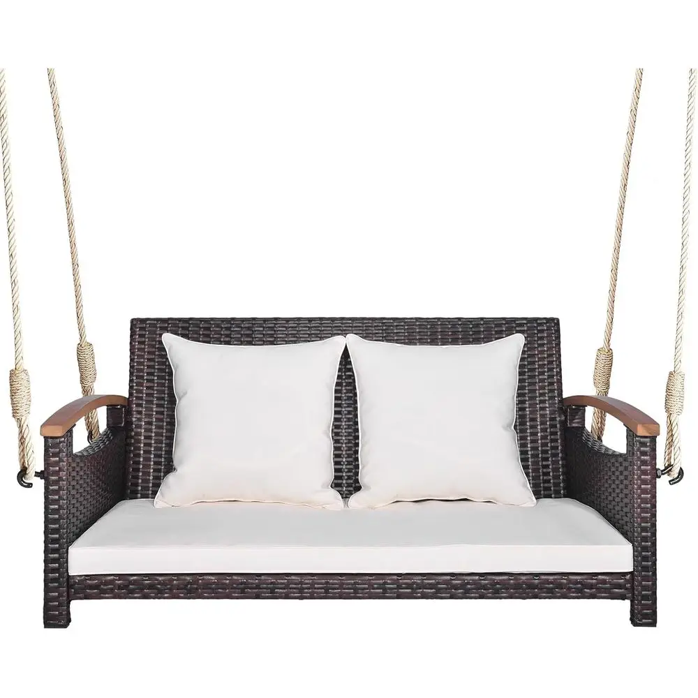 

Outdoor PE Rattan 2-Person Swing Bench with Cushions, Acacia Wood Armrests, Creamy White