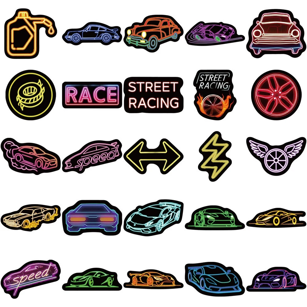 10/30/50pcs Neon Racing Car Cartoon Stickers CoolGraffiti Helmet Phone Skateboard Classic Waterproof Decals Toys Gifts