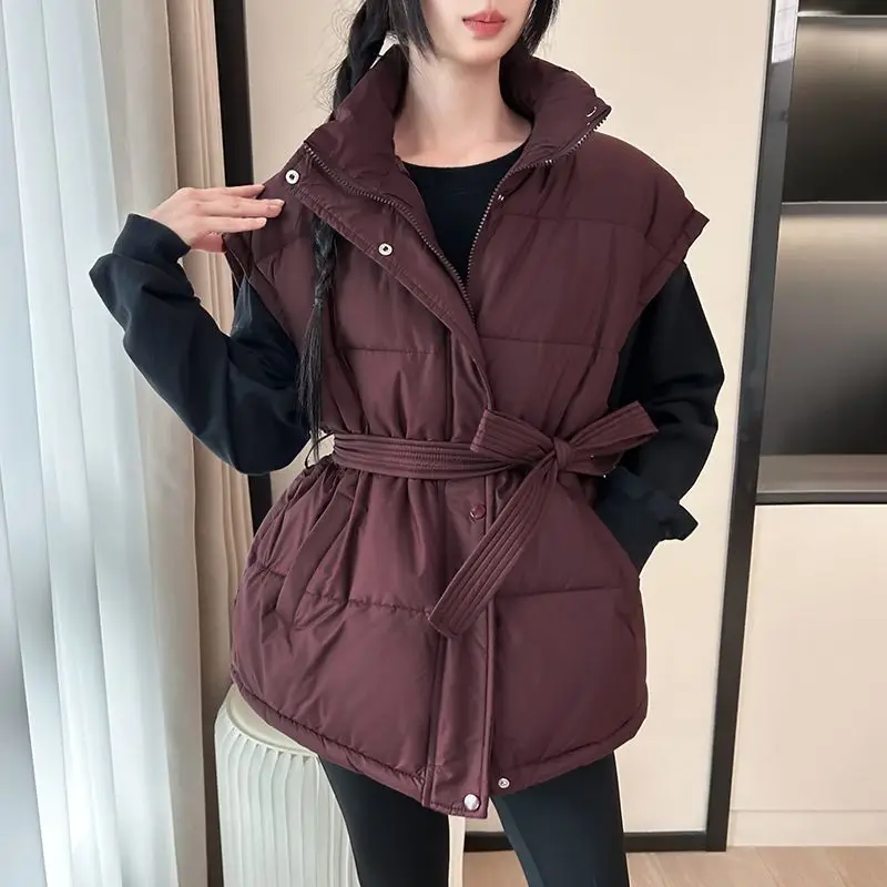 الخريف الشتاء حزام سترة قطن ضئيلة سترة للنساء 2025 موضة الوقوف طوق سستة صدرية دافئة أكمام مبطن معاطف