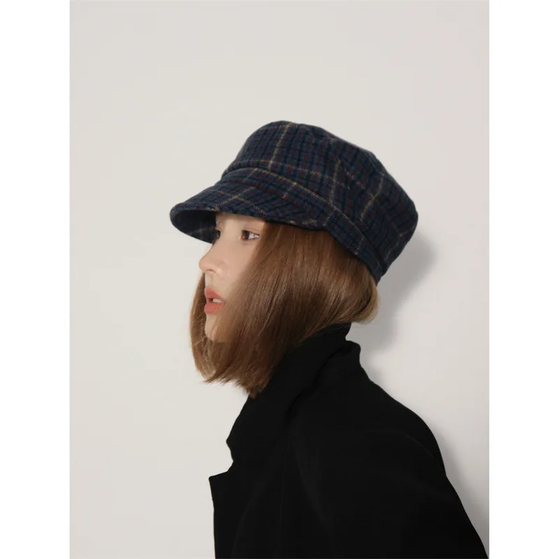 New Literary British Autumn and Winter Retro Plaid Octagonal Beret Street Temperament Warm Short Brim Newsboy Cap for Women