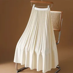 Lucyever Elastic High Waisted Pleated Skirt Female Korean Fashion Patchwork Long Skirt Women Casual All Match A-line Skirts