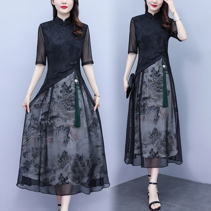 Black Long Dresses For Women Summer Chiffon Cheongsam Female Stand Collar Short Sleeve Large Size Casual Landscape Print Vestido