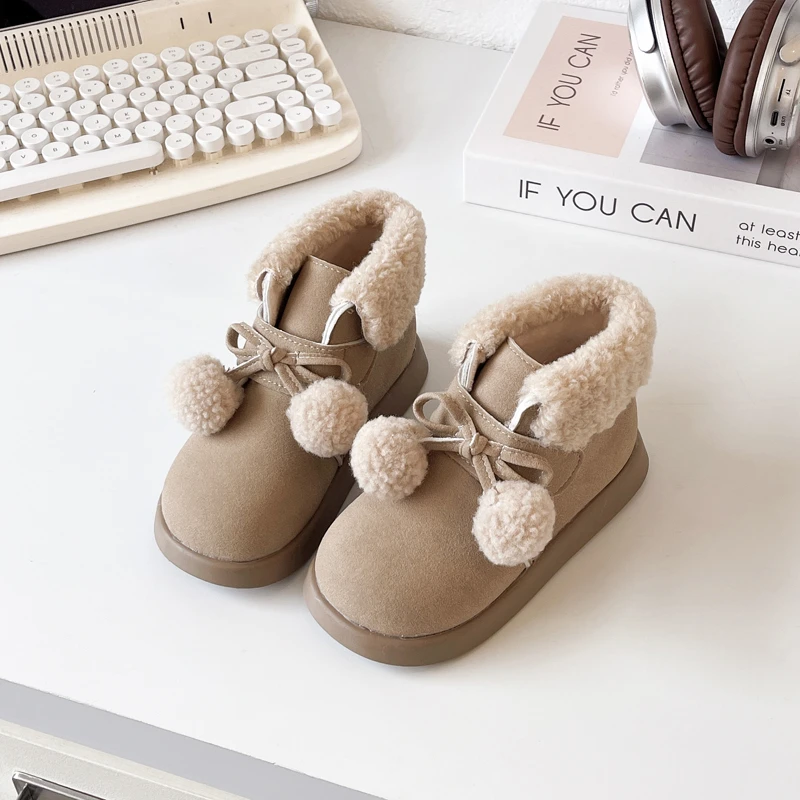 

New Elegant Children's Soft Cotton Boots Cute Hairball Girl's Winter Snow Boots Warm Fashion Kids Ankle Boot Versatile Round-toe
