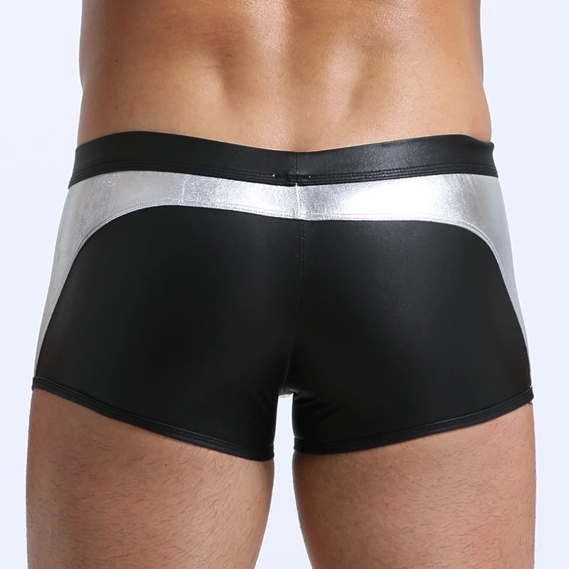 Sexy Men\'s Underwear Low Waist Faux Leather Boxer Shorts Bulge Pouch Male Lingerie Shorts Slim Cut Underpants