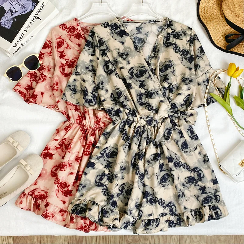 

Лето 2023, расклешенный комбинезон с поясом и v-образным вырезом в стиле ретро, широкий комбинезон, женские корейские брюки прямого кроя с высокой талией