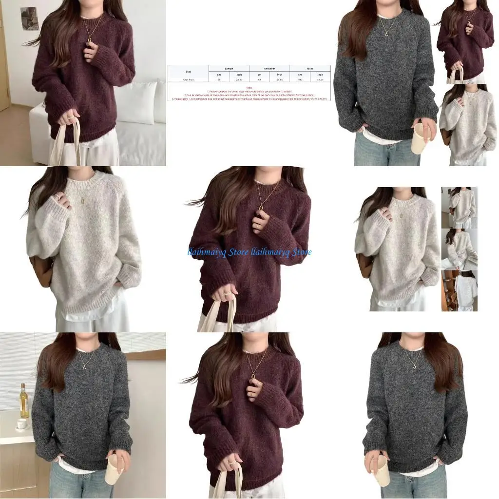 

573B Winter Soft Fuzzy Knit Sweater For Women Loose Fit Round Neck Long Sleeve Top
