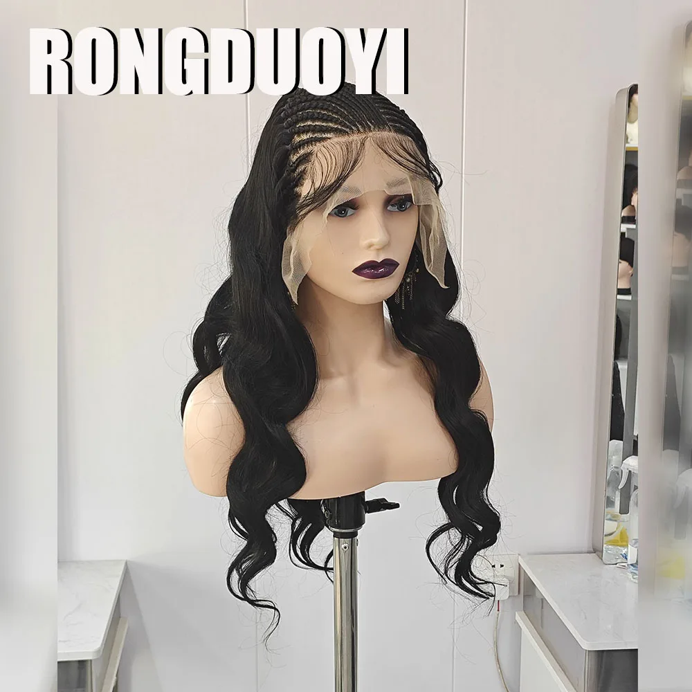 RONGDUOYI Black Braided Wave Synthetic Wig Black Braids with Baby Hair Body Wavy for Women Daily Used Braiding Lace Front Wig - view 4