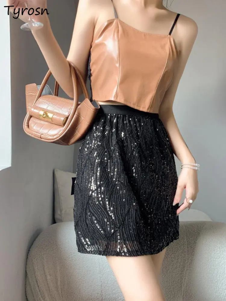 

Skirts Women S-3XL Design Sequined Mini Sexy Faldas Casual All-match Empire Popular Korean Style Retro Daily Elegant Hot Girls