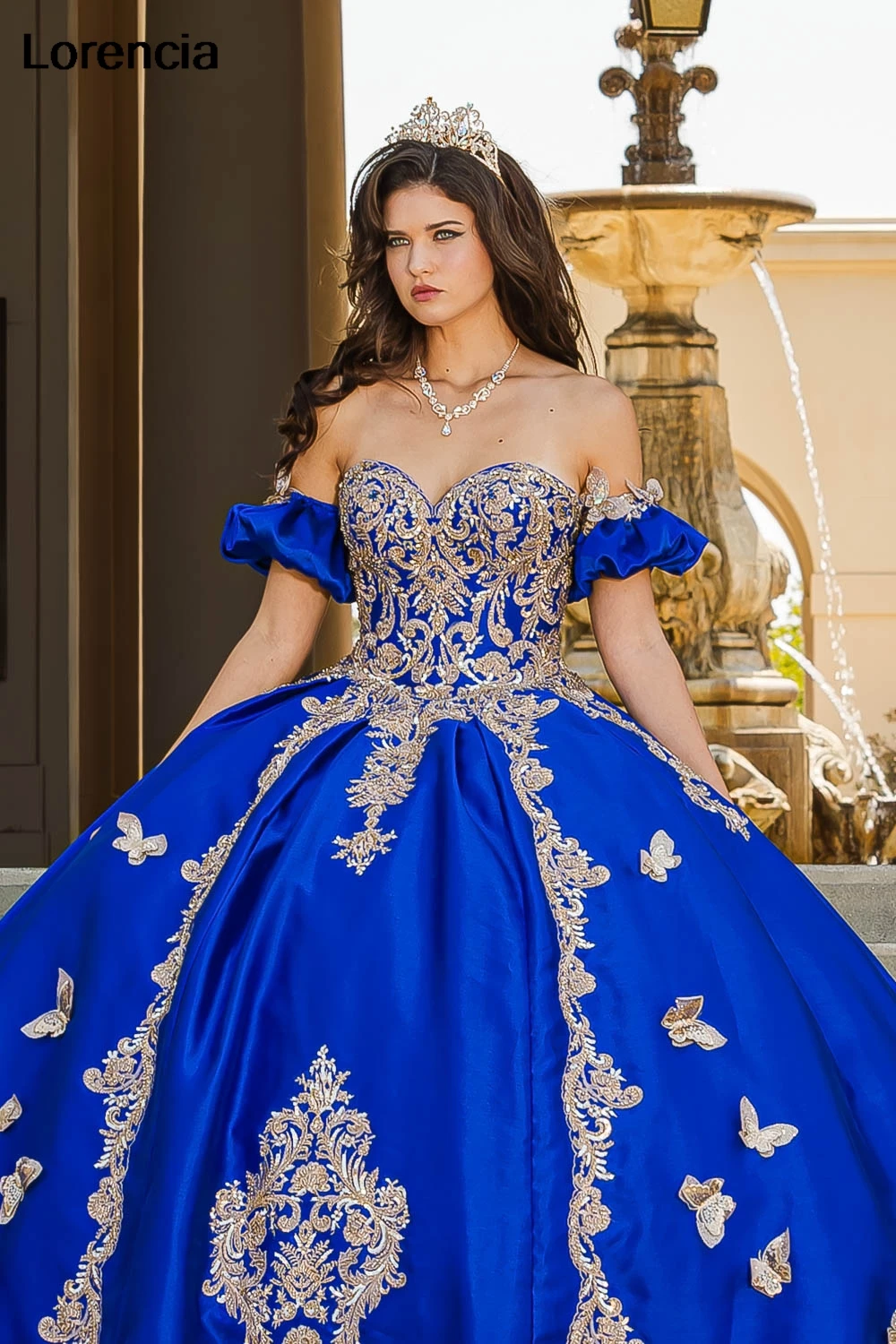 Lorencia-vestido De quinceañera azul real De México, vestido De baile, corsé De cuentas con apliques De mariposa dorada, dulce 16, 15 Años, YQD841