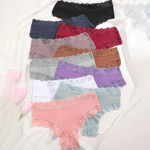 Imagen 2 del producto 10 unids/set de bragas de algodón de encaje para mujer, bragas brasileñas sexis de cintura baja, ropa interior suave femenina de Color sólido, lencería íntima para mujer