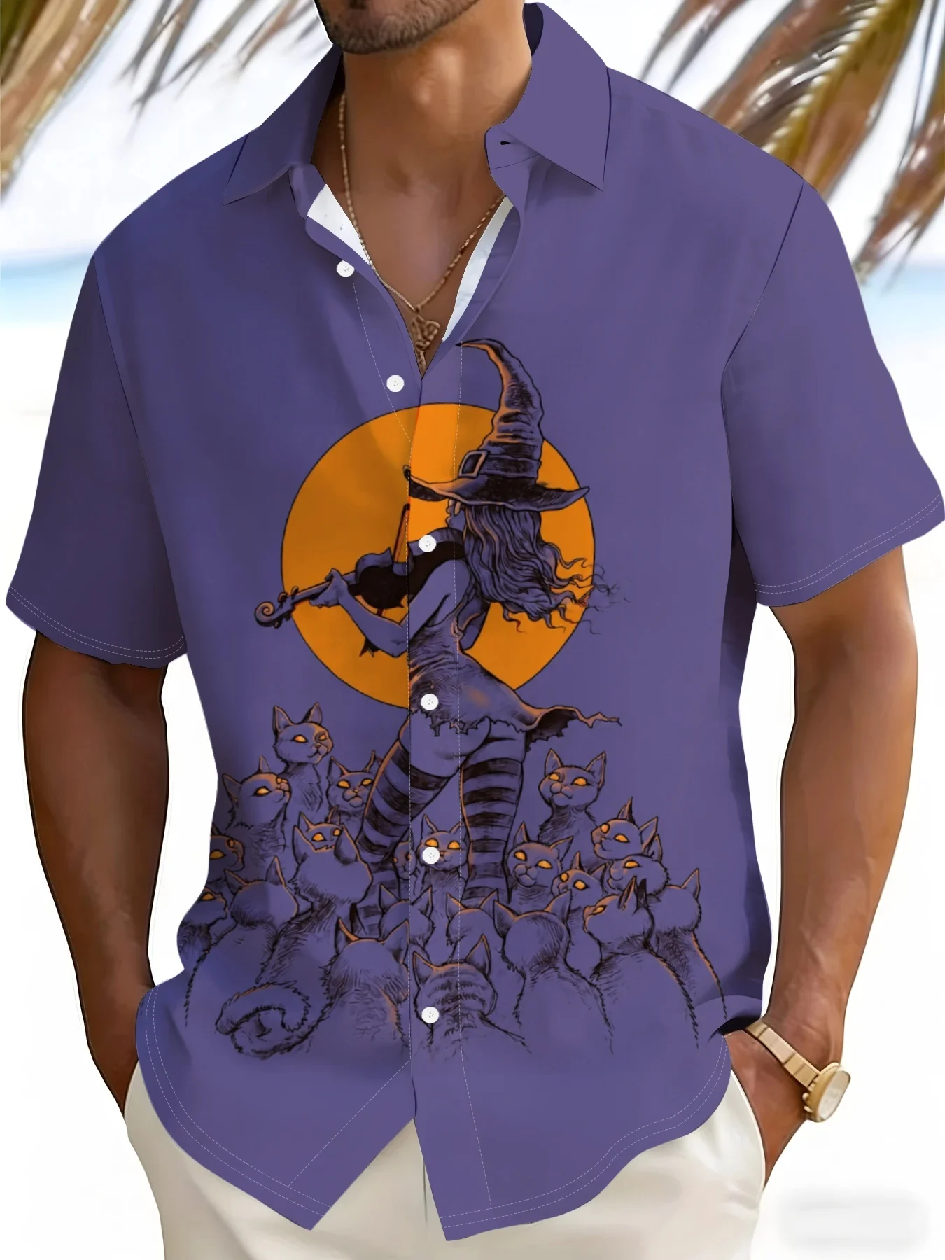 Men's Shirt Short Sleeve Halloween Witch Black Cat Moon Print Turn‑Down Collar Button Loose Casual Holiday Top Men Clothes