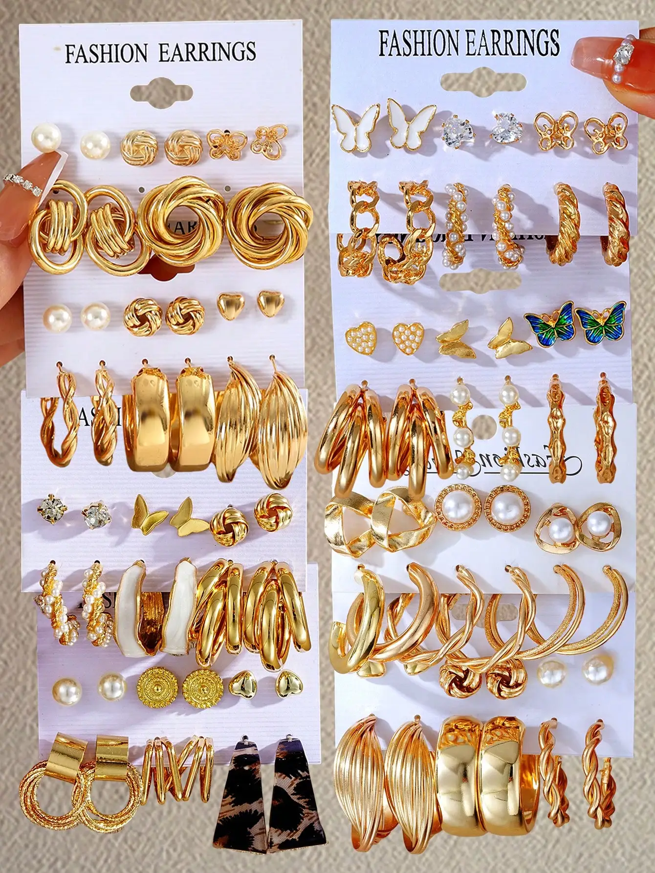 

12/46/48pcs Gold Tone Fashion Earring Set with Butterfly, Heart & Pearl Studs for Women, Daily Wear & Party