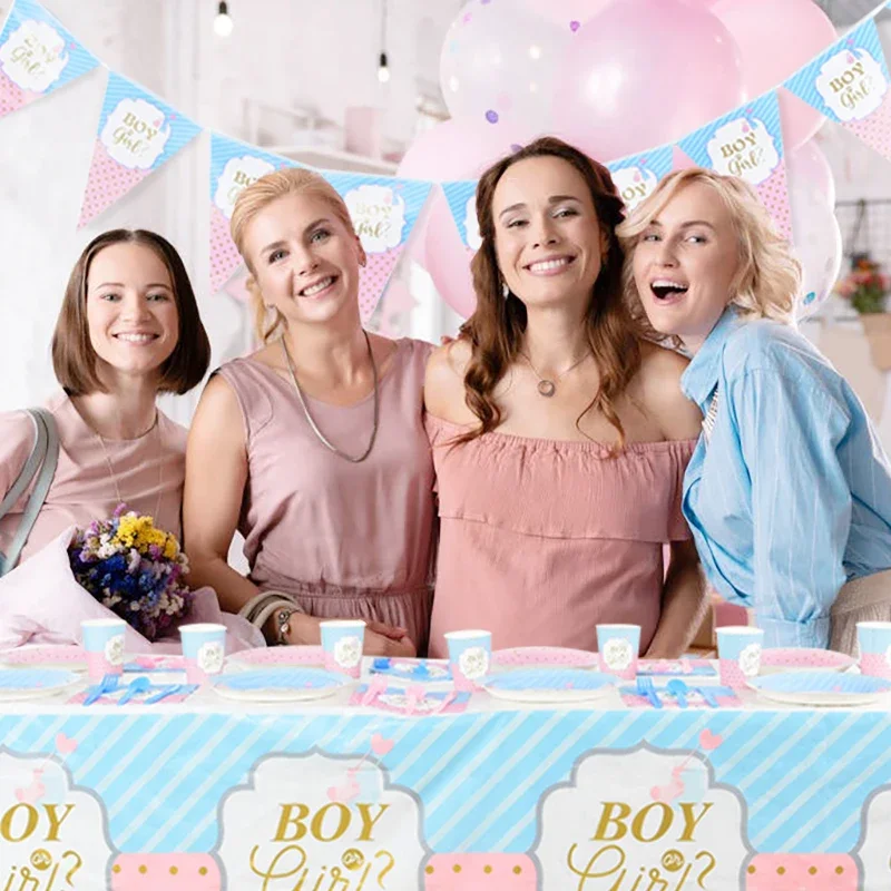 49 pezzi ragazzo o ragazza Gender Reveal Set di stoviglie usa e getta piatto di carta tazza tovagliolo Banner Baby Gender Reveal forniture per decorazioni per feste