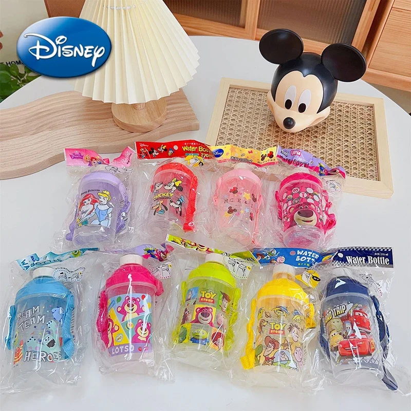 Disney Drinking Straw Water Cup Cartoon Mickey Minnie Mouse Outdoor Sport Strap Portable Plastic Cup Student Baby Children 270ml