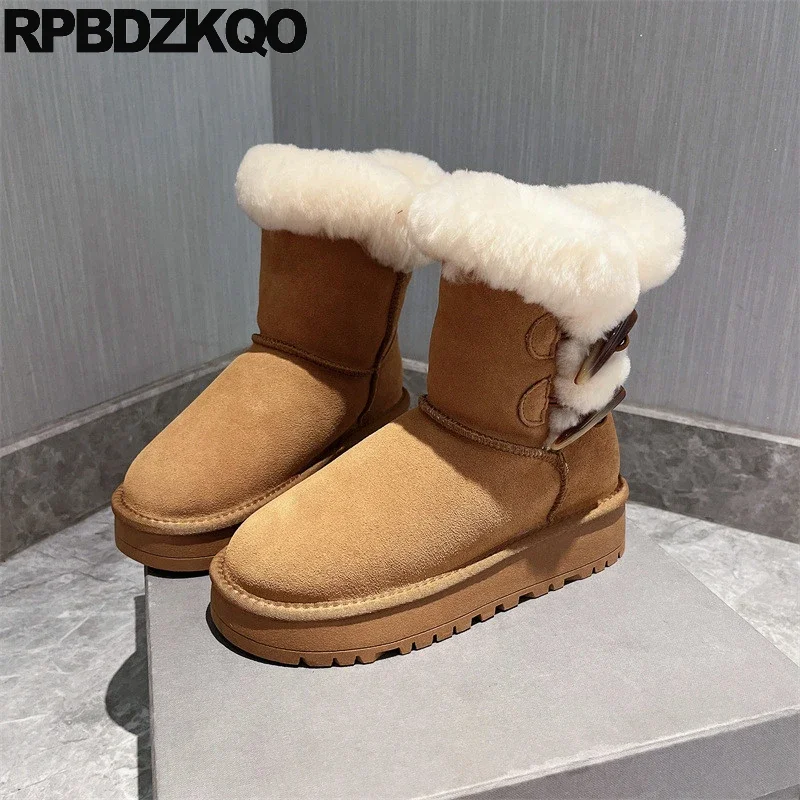 Short Flats Women Booties Ankle Snowboots Snow Boots Slip On Genuine Leather Fur Fuzzy Fluffy Shoes Warm Nubuck Plush Button