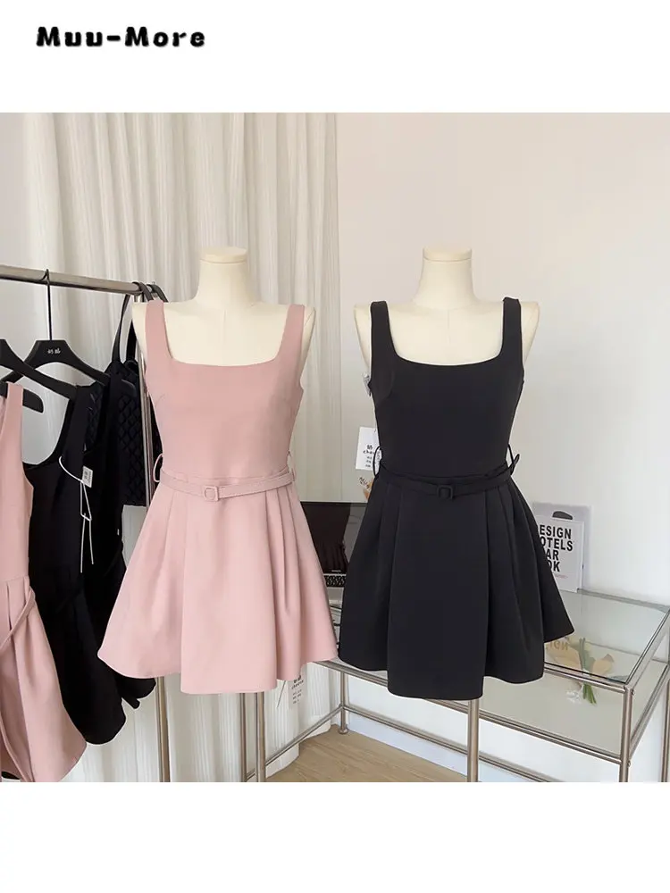 Women High Street Square Collar Sexy Backless Solid Color Camisole Dresses 2023 Summer High Waist Hotsweet Beachwear Club Dress