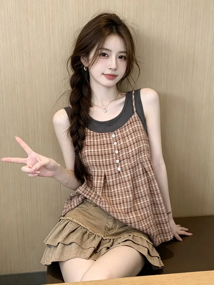 

Sweet Style Color Block Strap Vest Summer New Korean Beautiful Slimming Design Versatile Slimming Top Korean Style Knitted Cr...