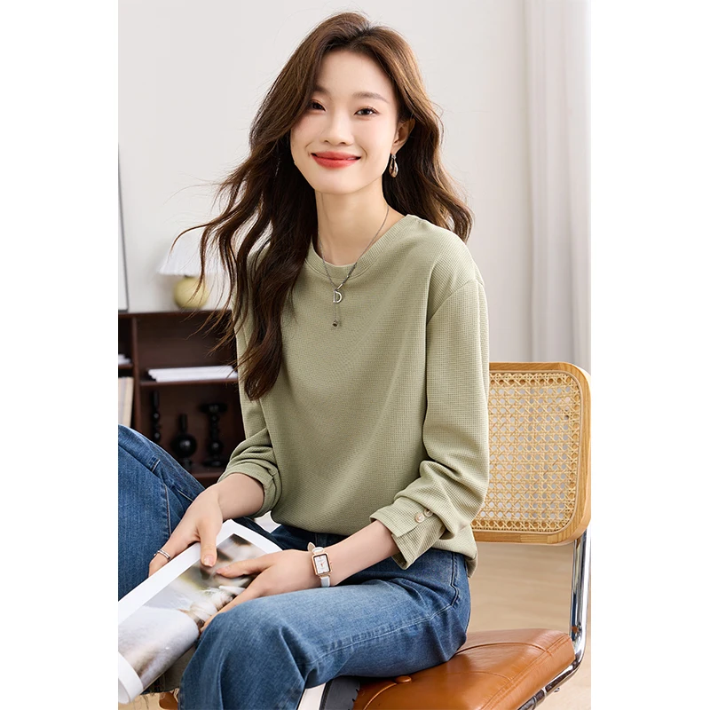 Women's O-Neck Loose T-shirt Long Sleeves Monochromatic Casual Simple Basic All-Match Tops Sweatshirt Autumn 2023