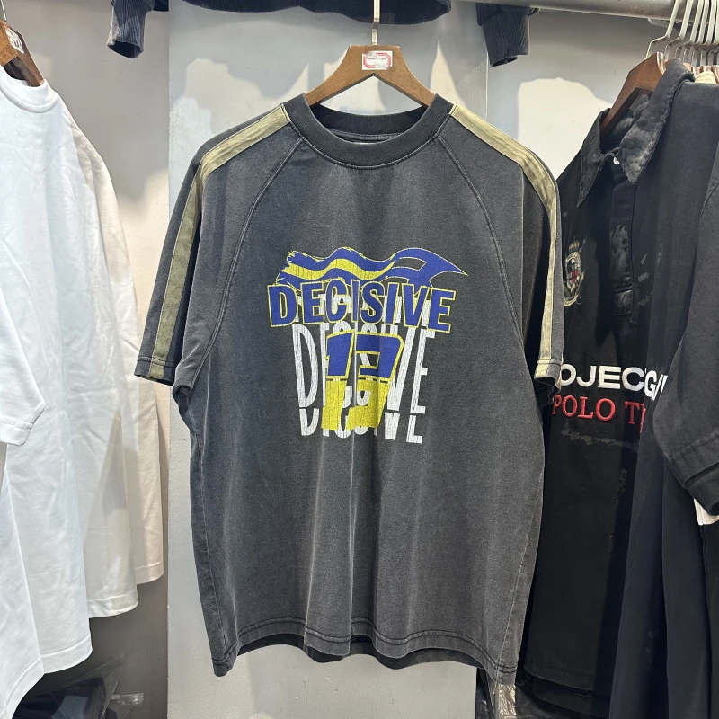 

FGSS American High Street Vintage Worn out Print Loose Men's Hip Hop Striped ort Sve T-irt Summer Casual round Ne