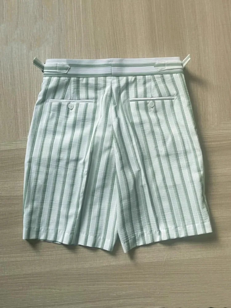 Thin Italy Style Summer Mens Suit Shorts Business Casual Knee Length Striped Straight Trousers Men Fashion Cotton Linen Shorts
