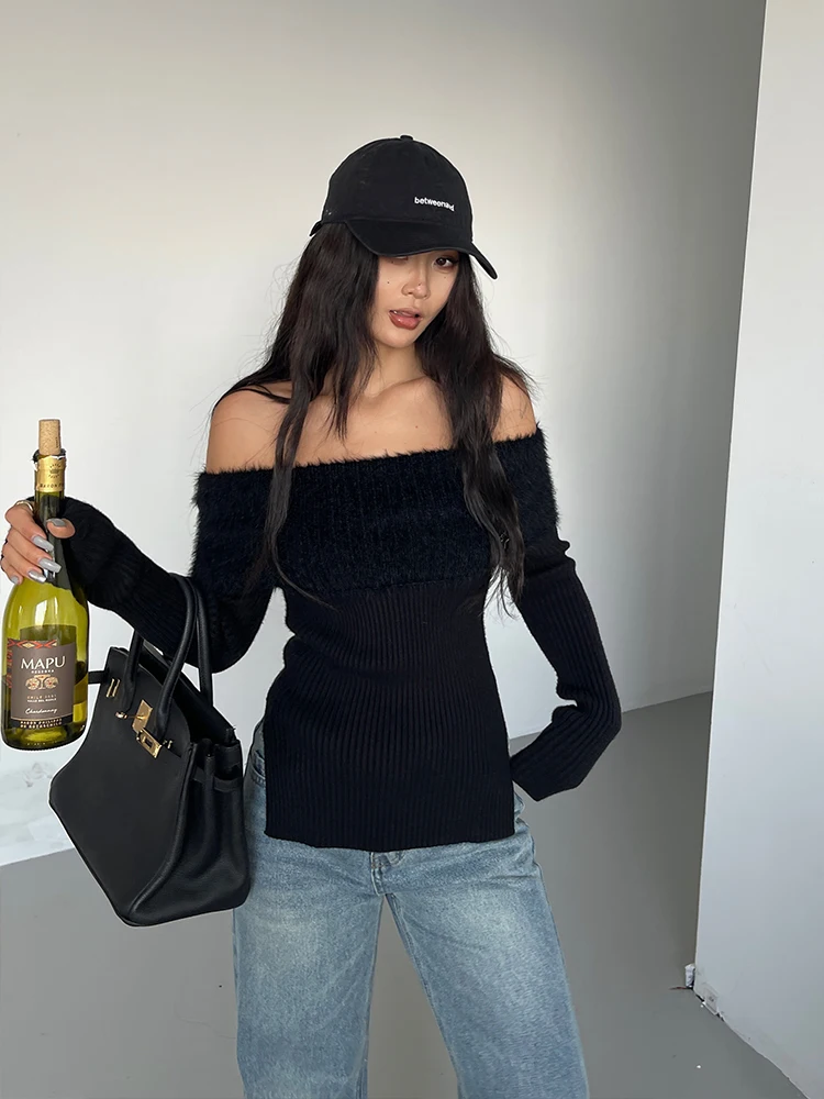 WOMENGAGA Spicy Girl Slash Neck Off Shoulder Knitted Sweater For Women Winter New Slim Top Fashion Sexy Korean Women Top B5FU