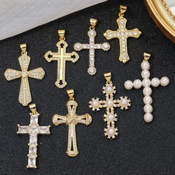 Juya DIY Religious Talisman Jewelry Making Components 18K Real Gold Plated Cz Pearls Catholic Christian Cross Charms Supplies