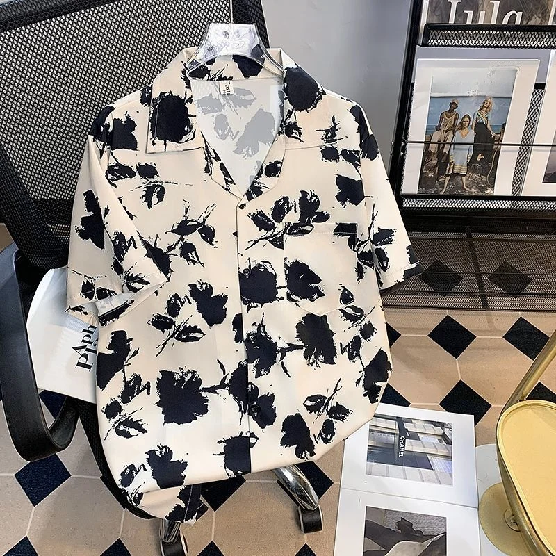 

Retro Hong Kong Style Floral Shirt Short Sleeve Hawaiian Design Loose Men's Shirt Handsome Casual Standard Fit Polyester Fiber