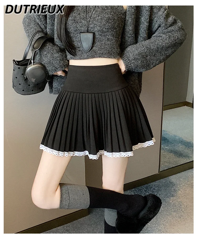 College Style Sweet Cute Girl Lace Edge Casual Pleated Skirt for Lady Wool Contrast Color Women's Short Skirta Autumn Winter