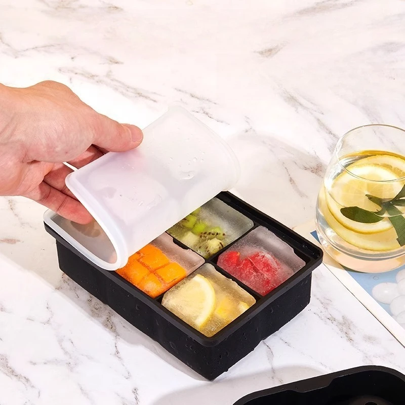 Große quadratische Eiswürfelform mit 4/6/8 Fächern aus lebensmittelechtem Silikon, inklusive Eiszange, stapelbar für Whiskey, Cocktails, Bar, Pub, DIY-Eisbereiter – Detail 6