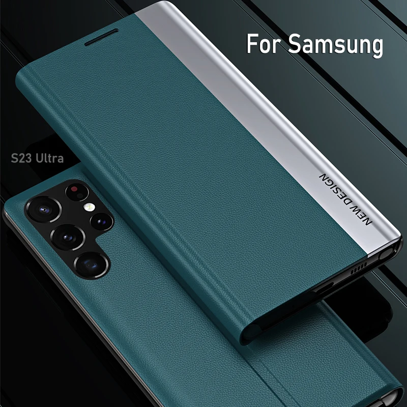 For Samsung Galaxy S23 S22 S24 Ultra Case Leather Flip Holder Plating Back Cover For Samsung S20 S21 FE Note 10 Plus 20 Ulltra