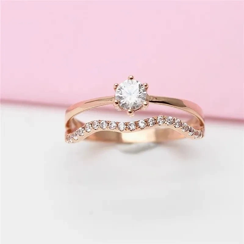 Plated 14K Rose Gold 585 Purple Gold Inlaid Crystal Double Row rings for women Light Luxury Classic Simple Party Jewelry